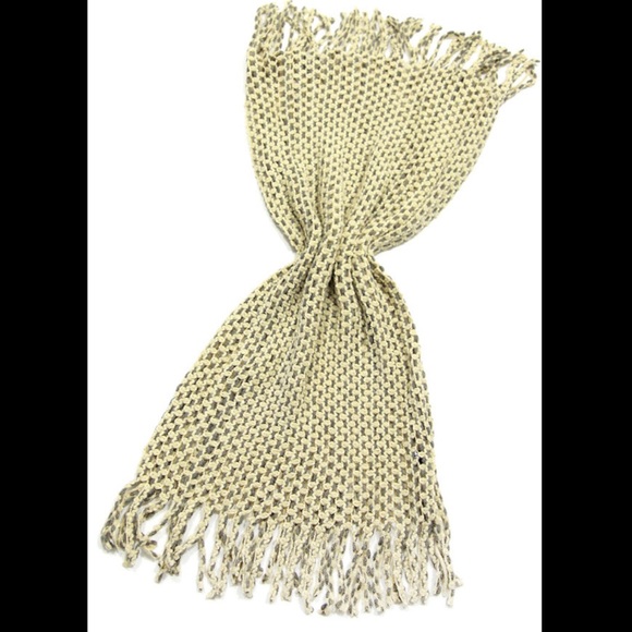 Beige Two Tone Tube Knit Fringe Infinity Scarf - Picture 3 of 3