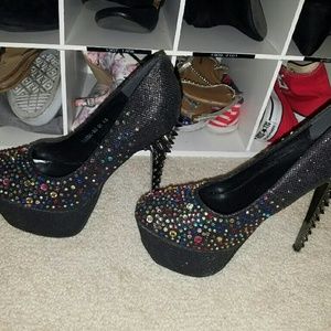 Bejeweled spikey platform pumps