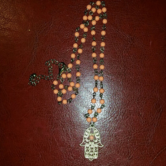 Peach & antique gold hamsa hand evil eye necklace