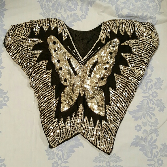 VINTAGE 80S SEQUINED BUTTERFLY BLOUSE 1SZ NEW YEAR