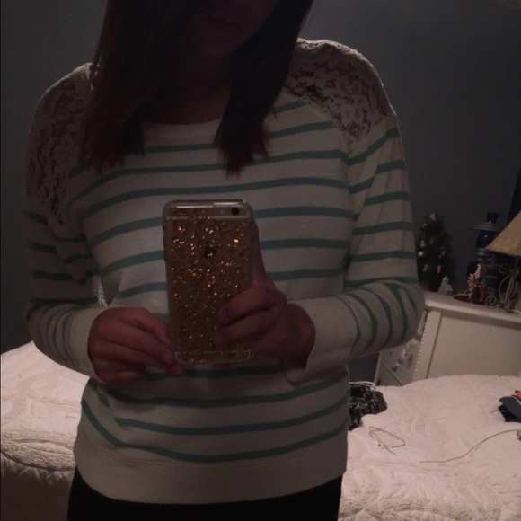 White sweater w/ teal stripes & lace detailing