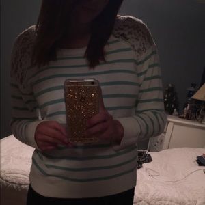 White sweater w/ teal stripes & lace detailing