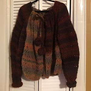 Hand knit sweater draw-string neck