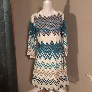 Cheveron turquoise blue, cream and tan dress