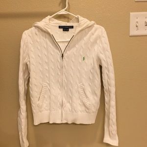 White cable knit hooded zip up sweater
