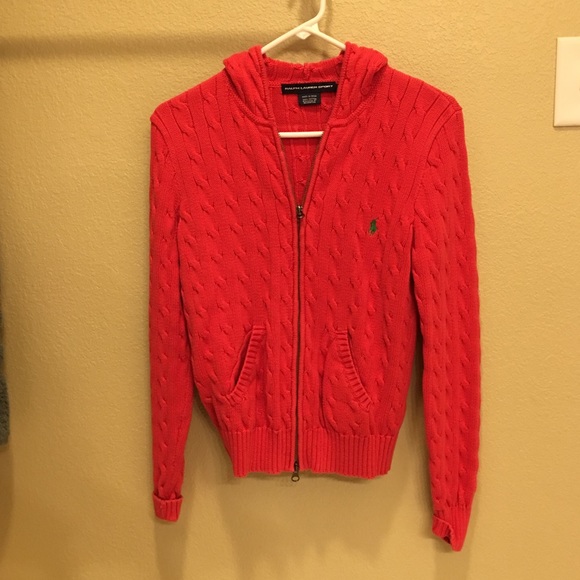 Cable knit hooded zip up sweater