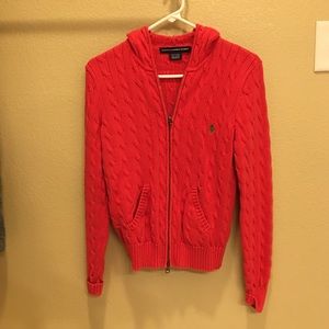 Cable knit hooded zip up sweater