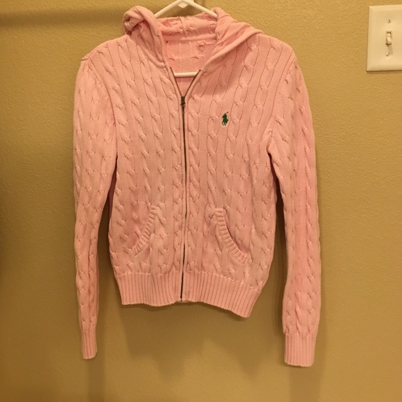 Pink Cable knit hooded zip up sweater