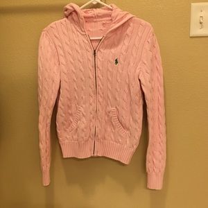 Pink Cable knit hooded zip up sweater