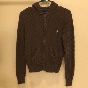Brown Cable knit hooded zip up sweater