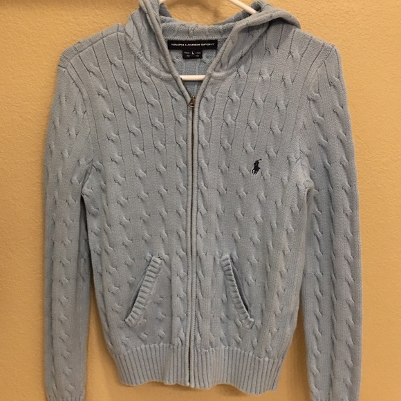Baby blue Cable knit hooded zip up sweater