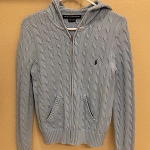 Baby blue Cable knit hooded zip up sweater