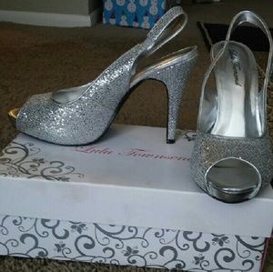 Silver glitter sling-back pumps