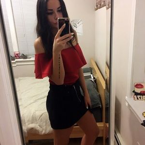 Red off-the-shoulder bodysuit