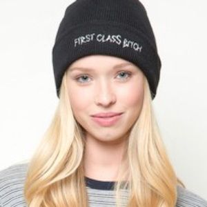 Brandy Melville first class bitch beanie black