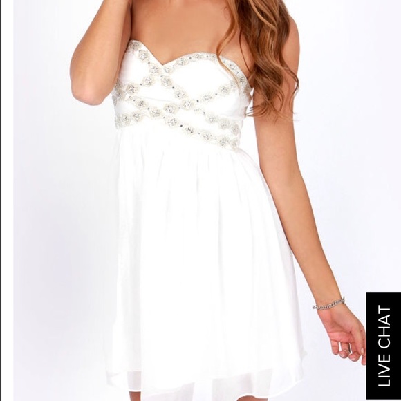 "getting to know you" white strapless dress