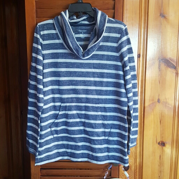 Navy blue and white striped sweater