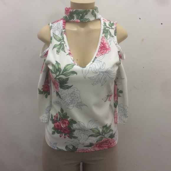 Flowery Printed Shoulder Open Long Sleeve Shirt - Picture 1 of 4