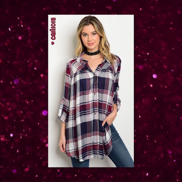 LAST 1🎉HP🆕Navy & Plum Plaid Loose Relaxed  Top - Picture 2 of 3