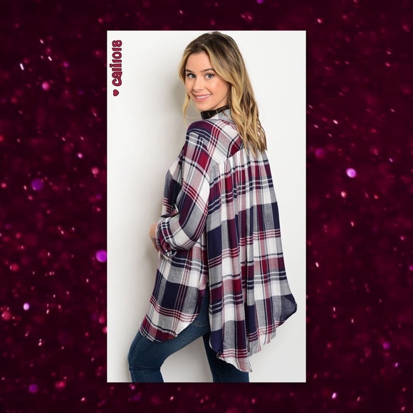 LAST 1🎉HP🆕Navy & Plum Plaid Loose Relaxed  Top - Picture 3 of 3