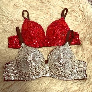 Silver sequin bra and red sequin bra