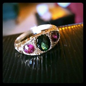 Victorian Multicolored Tourmaline 3-Stone 14K Ring