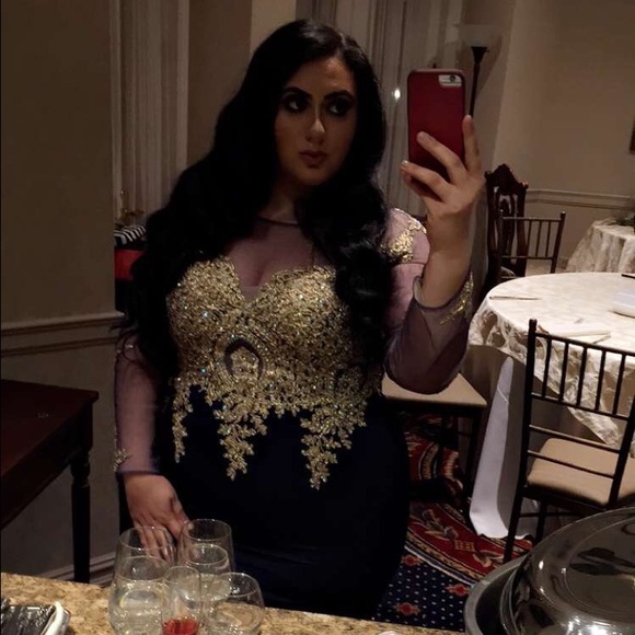 Gold lace with crystals, navy blue, Long sleeve