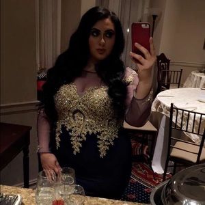 Gold lace with crystals, navy blue, Long sleeve