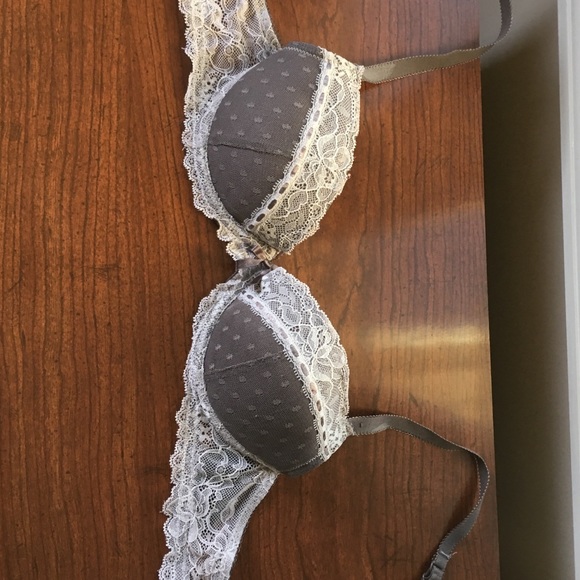 Gray lace bra with polka dots