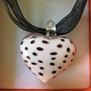 Light pink & black polka dot glass heart necklace