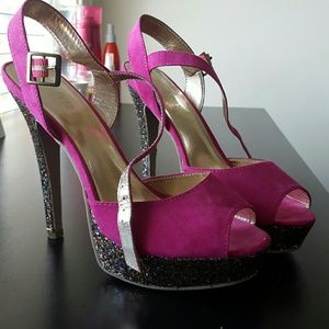 Magenta heels with multicolored glitter