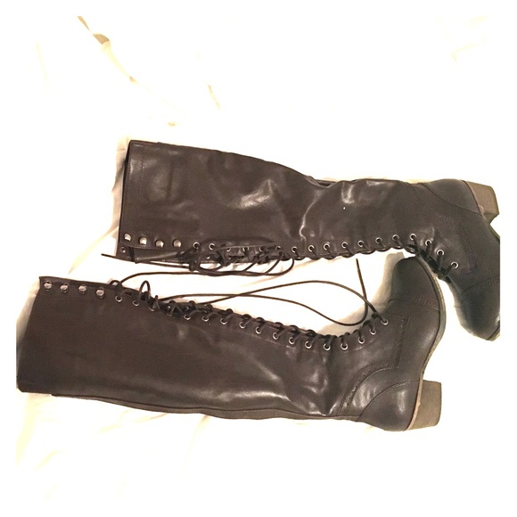 Dark Brown Thigh High Lace Up Boots.