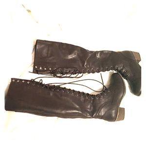 Dark Brown Thigh High Lace Up Boots.