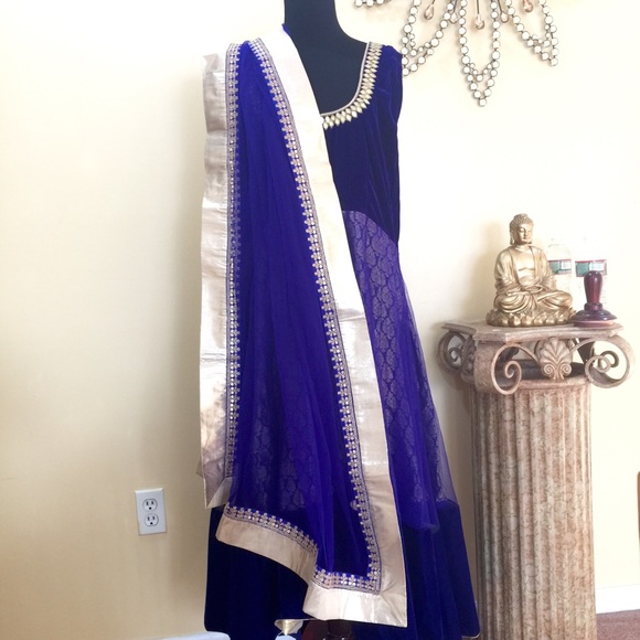 Blue gold net jacquard mirror work anarkali large - Picture 1 of 2