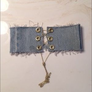 Denim 3 Gold Ringed Corset Choker