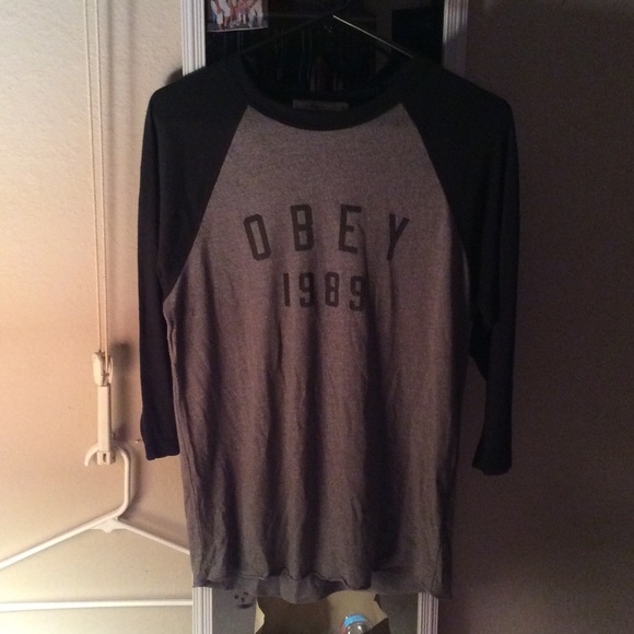 OBEY shirt w logo and olive green sleeves
