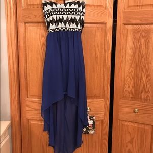 Blue high low dress with black and white chevron
