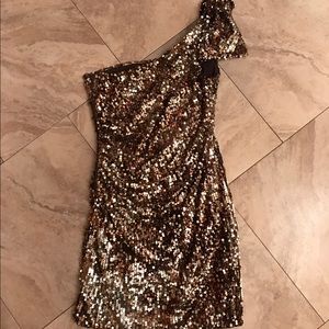 Tan and silver sequin 1 shoulder homecoming dress
