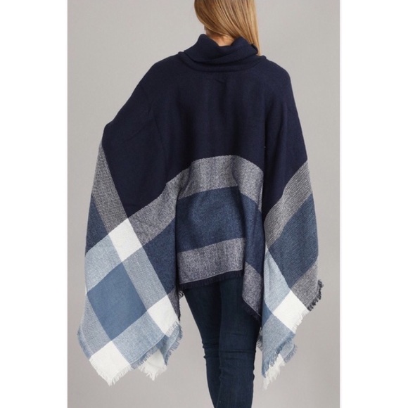 Navy & White Plaid Turtle Neck Poncho - Picture 3 of 3