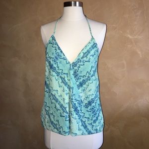 halter tank in mint green and blue Python print