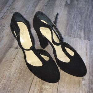 Black suede T-bar pumps