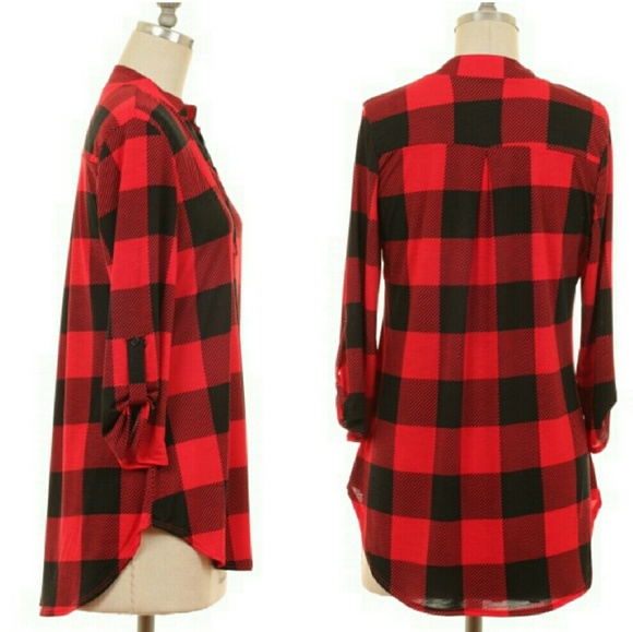 1 SMALL LEFT ❤ Red Plaid Roll Sleeve Blouse - Picture 3 of 4