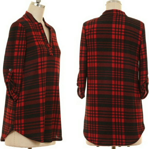 Burgundy Plaid Roll Sleeve Blouse - Picture 3 of 3