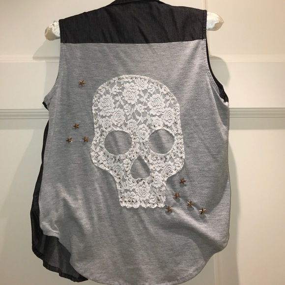 Kid's Skull Beaded Chambray Top Size L - Picture 2 of 2