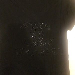 Chanel Black V-neck T-shirt with Sequin Logo