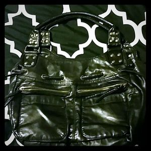 Black hobo style bag. Zipper detail. Faux leather.