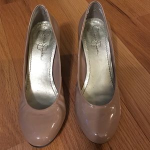 Jessica Simpson beige patent wedges, size 6