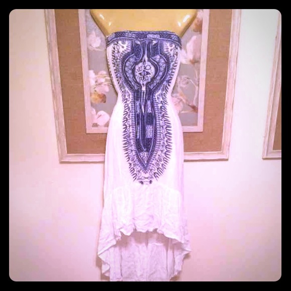 Airy White/Blue Strapless Shirred Hi-Low Dress S/M