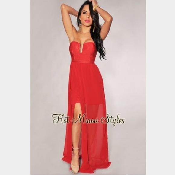 Sexy red strapless thigh slit long maxi gown
