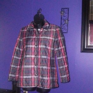 Coach SV Plaid quilted polyester outside jacket.